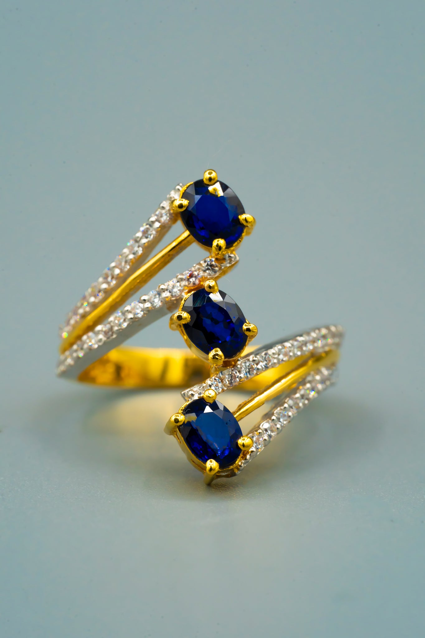 Triple Sapphire and Diamond 21K Gold Ring