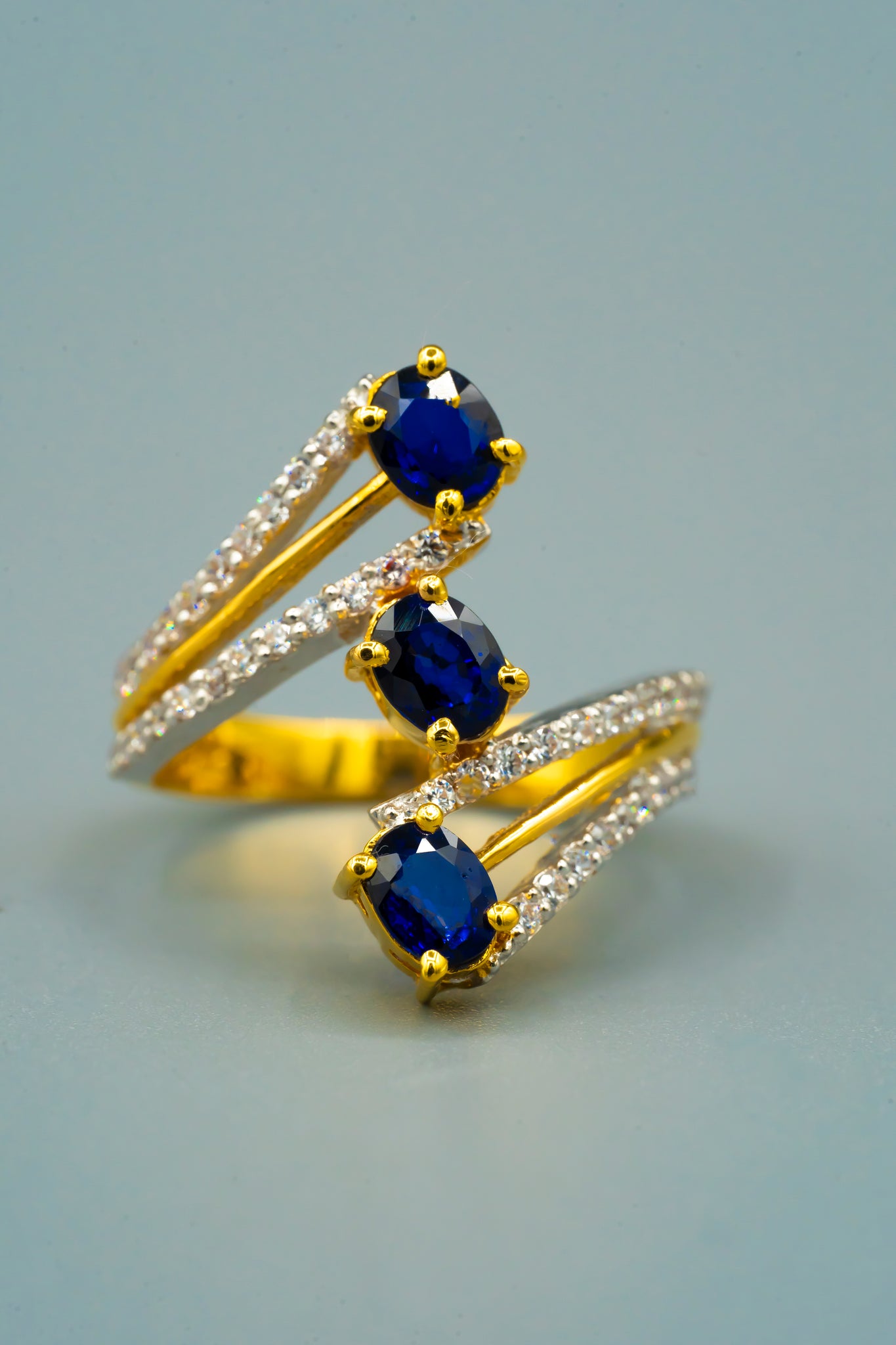 Triple Sapphire and Diamond 21K Gold Ring